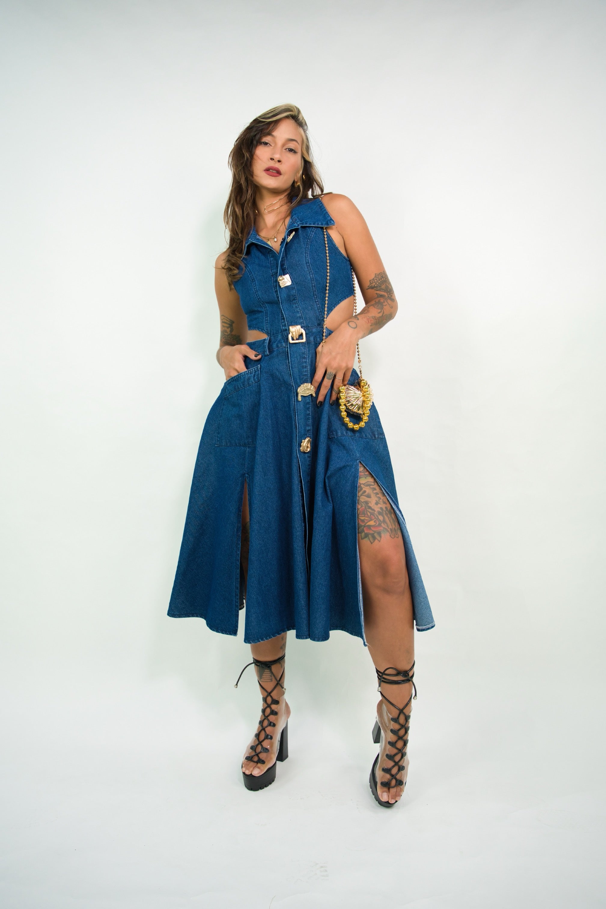 Denim Gold Buttons Dress