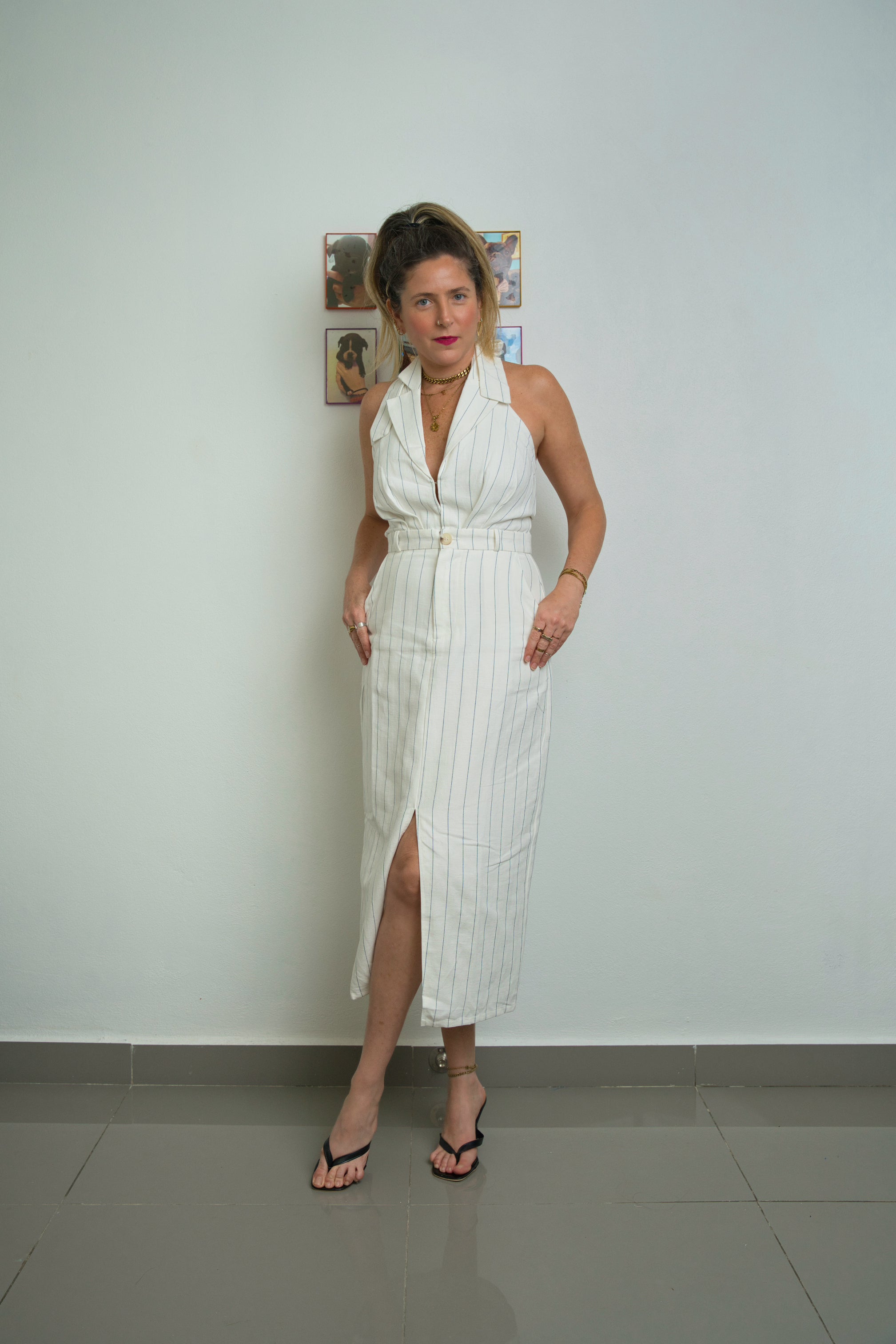 Cream & Navy Striped Dress