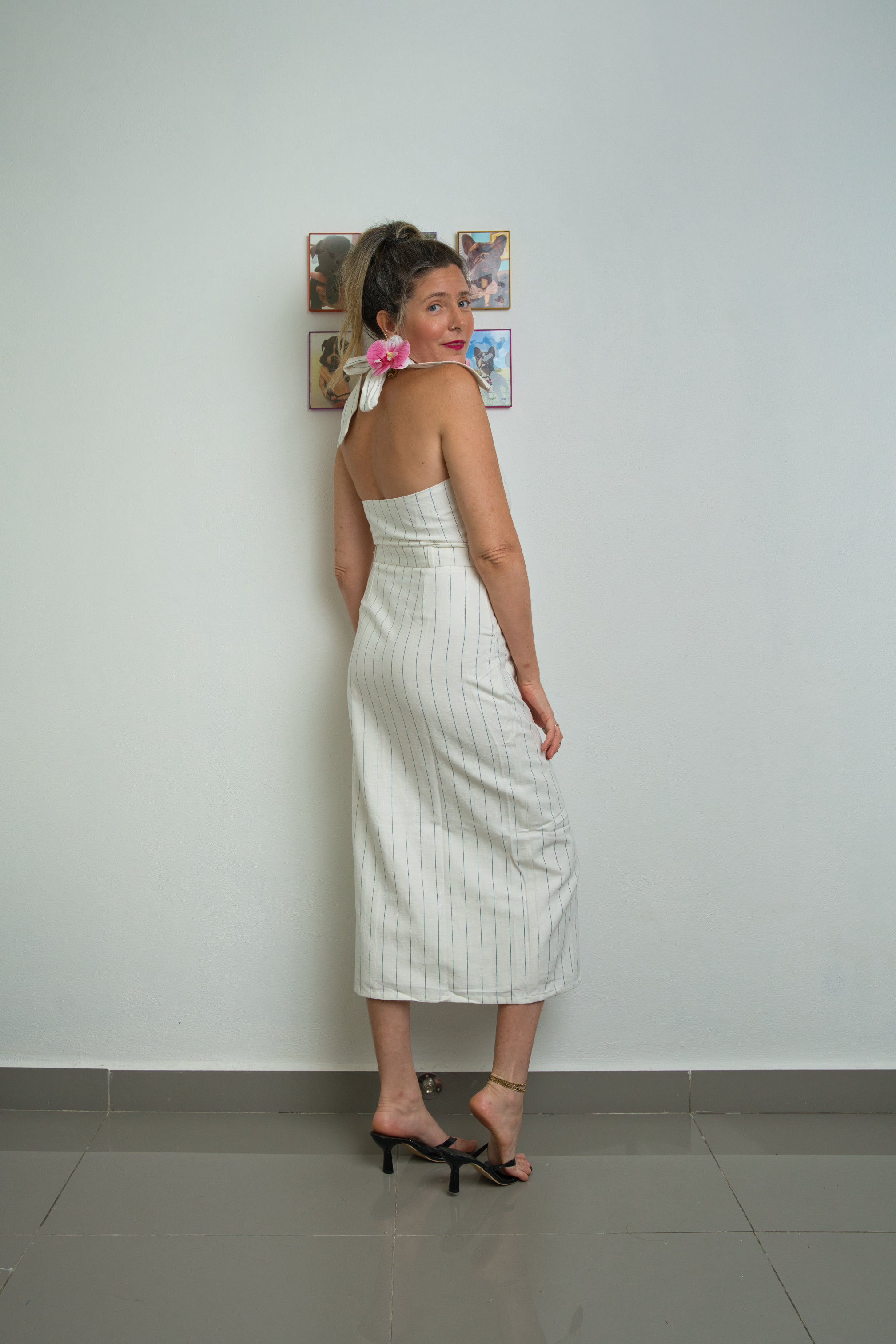 Cream & Navy Striped Dress