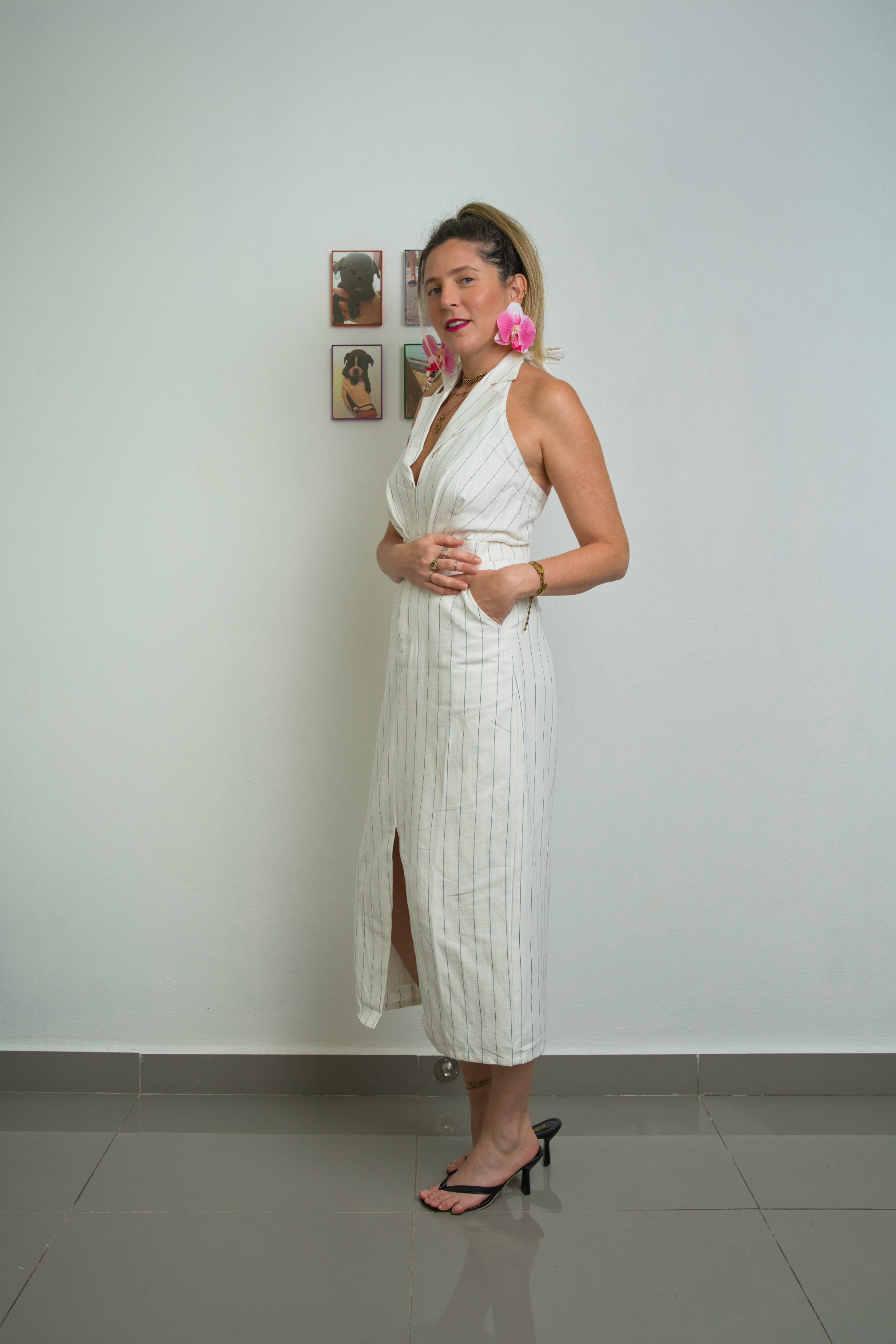 Cream & Navy Striped Dress