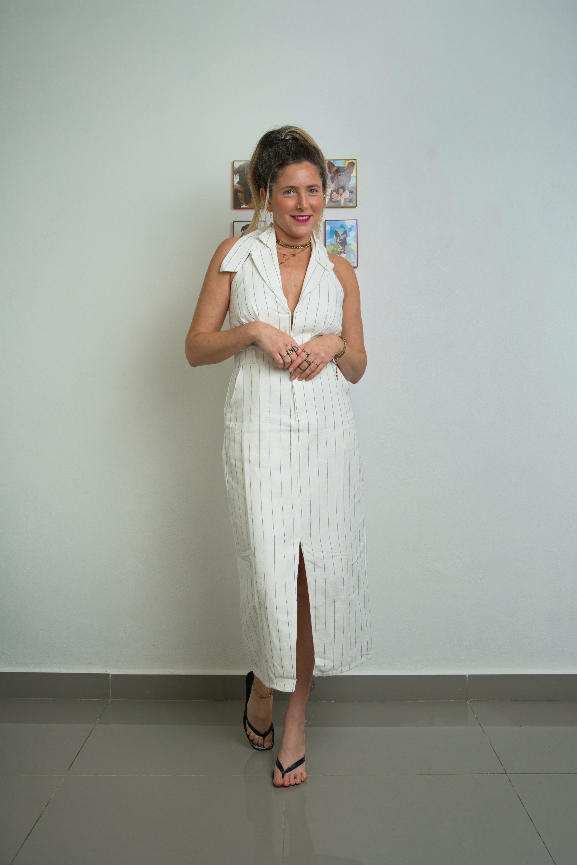 Cream & Navy Striped Dress