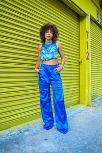 Blue Satin Cargo Pants