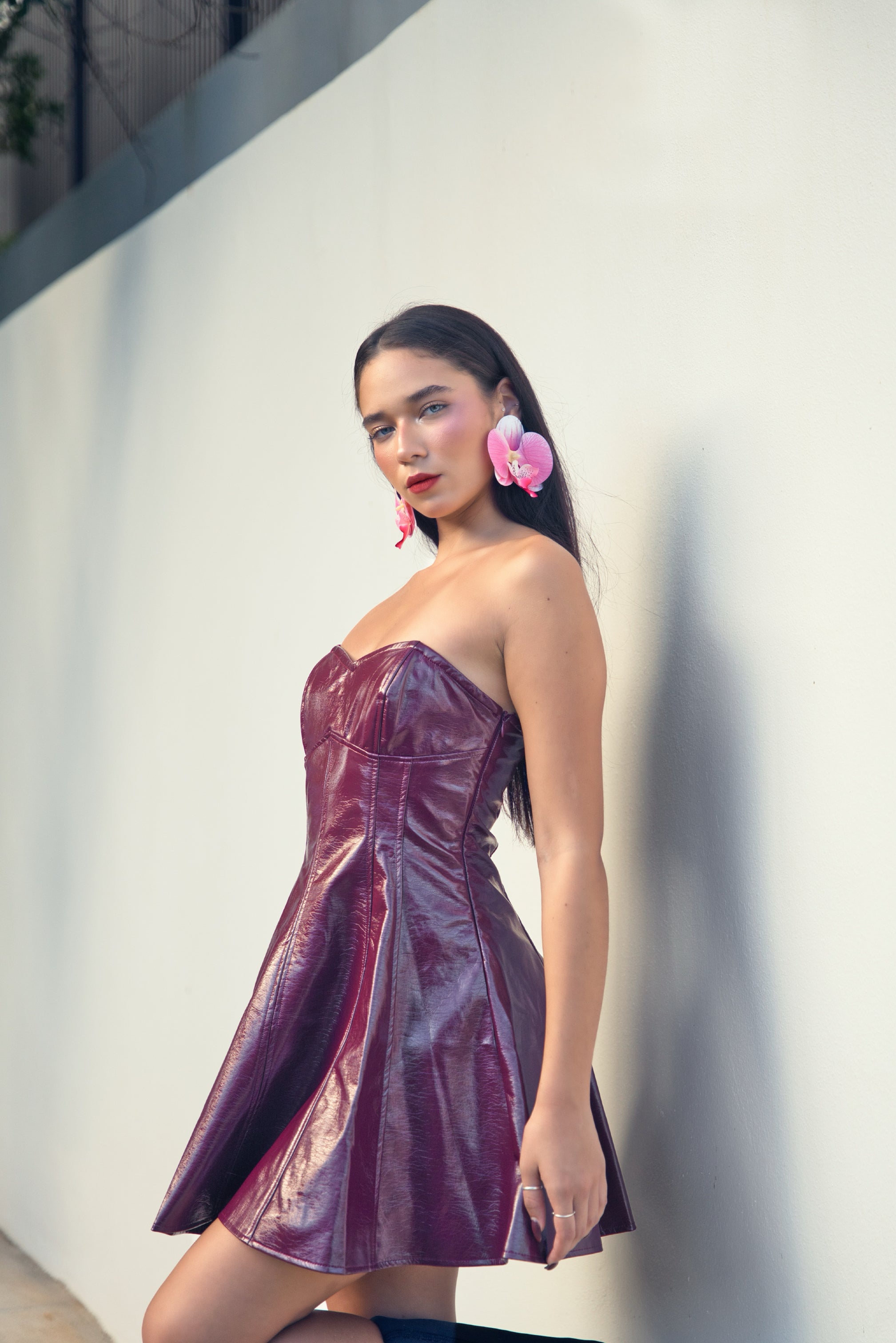 purple pleather dress Square Neck A-Line Mini Dress In Purple Faux Leather | EGO US